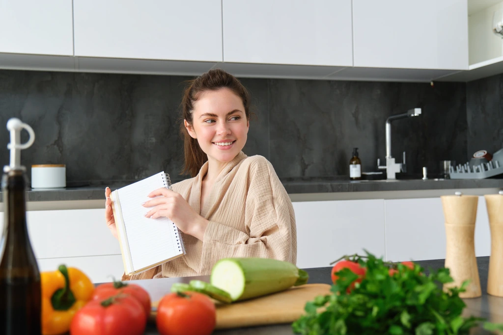 Charlie Hayes in her kitchen, holding a recipe notebook and smiling as she thinks about her next creation.