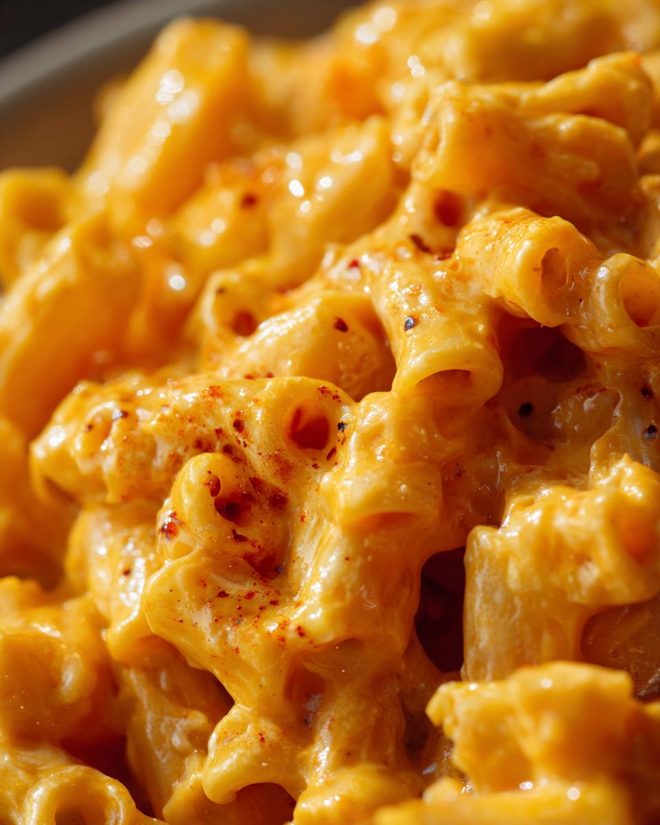 Close-up of creamy 3 ingredient stovetop mac and cheese, showing cheesy pasta with a sprinkle of paprika.