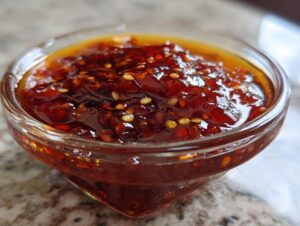 Close-up of a glass bowl filled with a glossy, deep red dumpling sauce with visible chili flakes and sesame seeds.