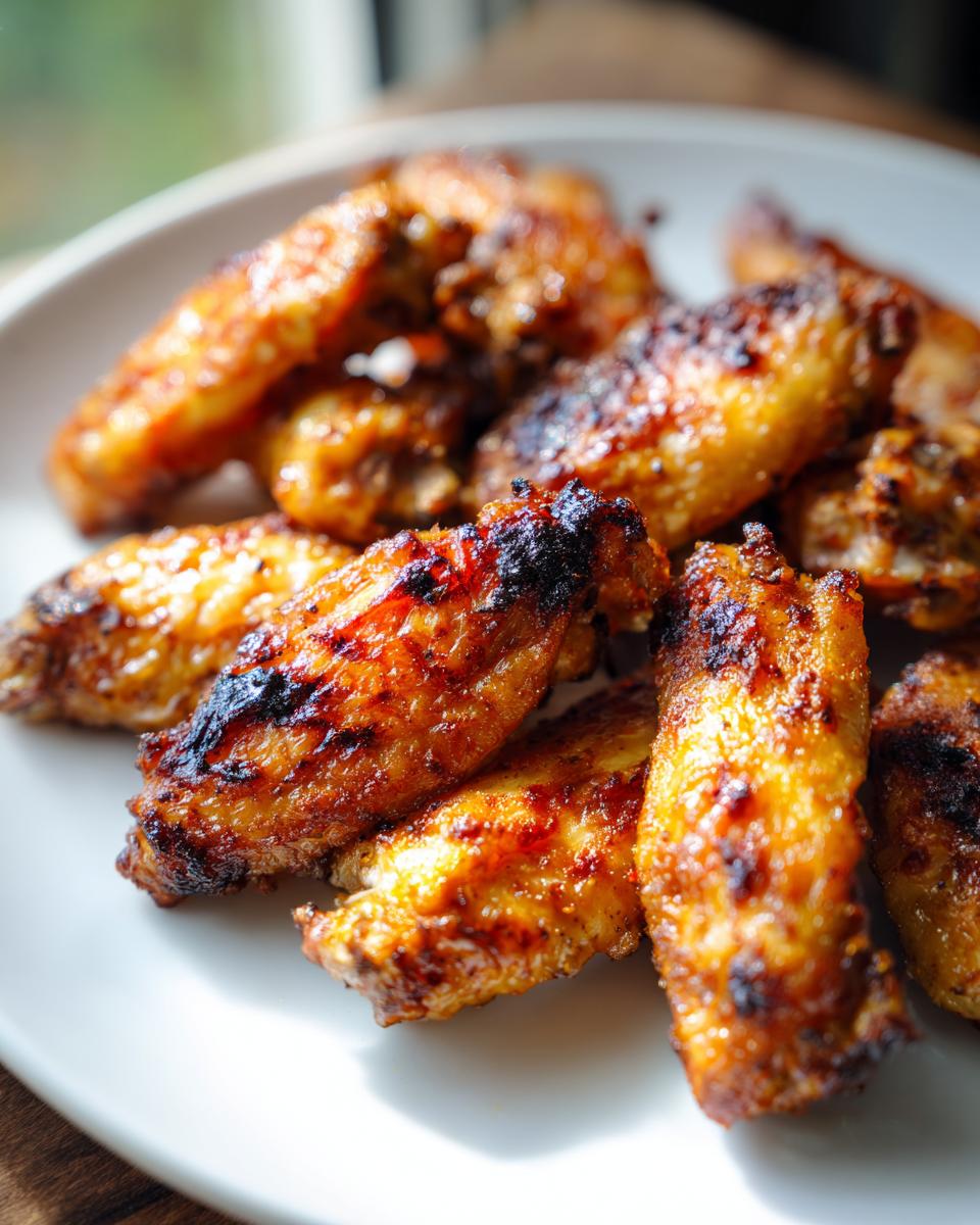 Close-up of a pile of golden-brown, crispy Air Fryer Chicken Wings on a white plate.