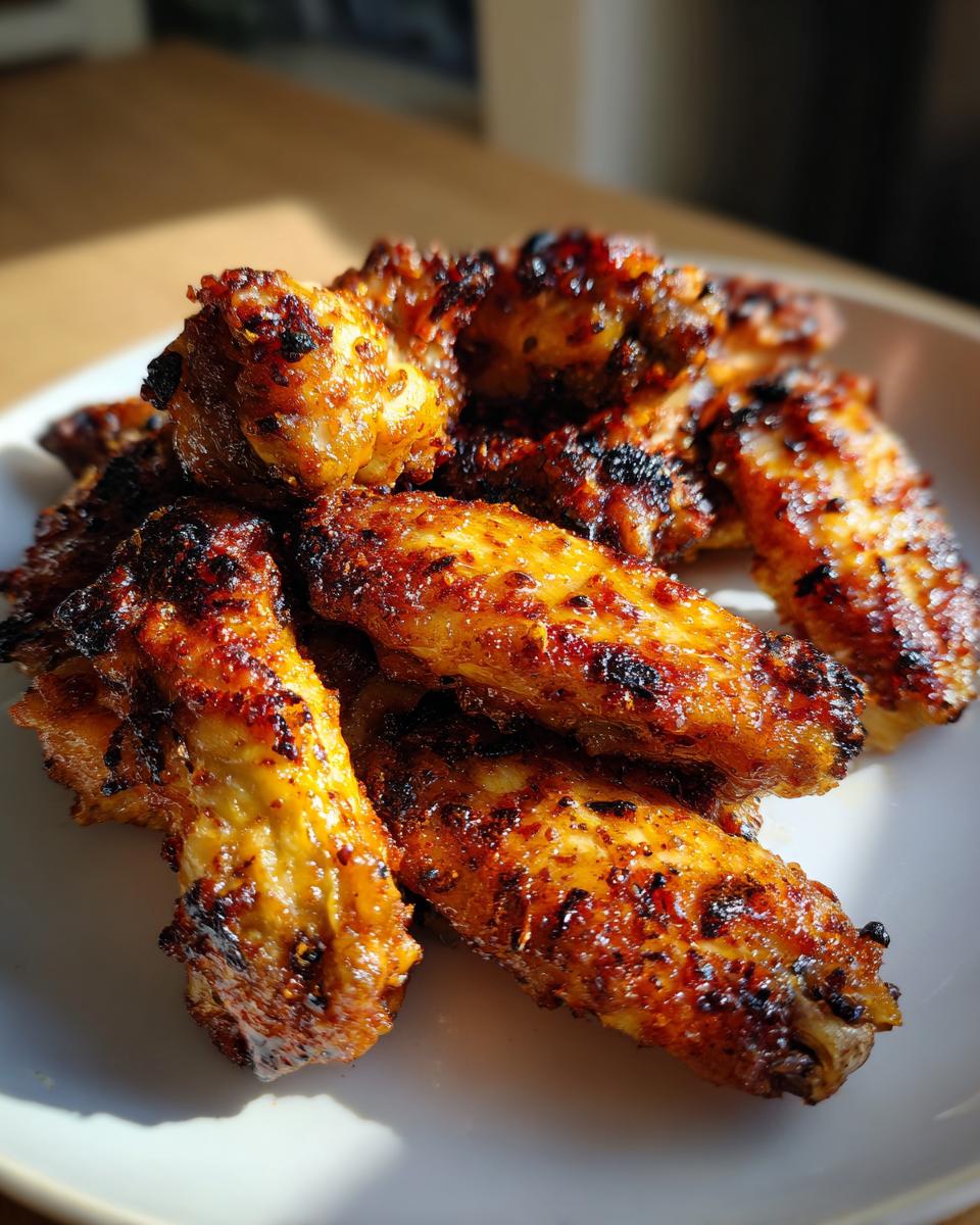 A close-up of a pile of golden-brown, crispy Air Fryer Chicken Wings with visible seasoning.