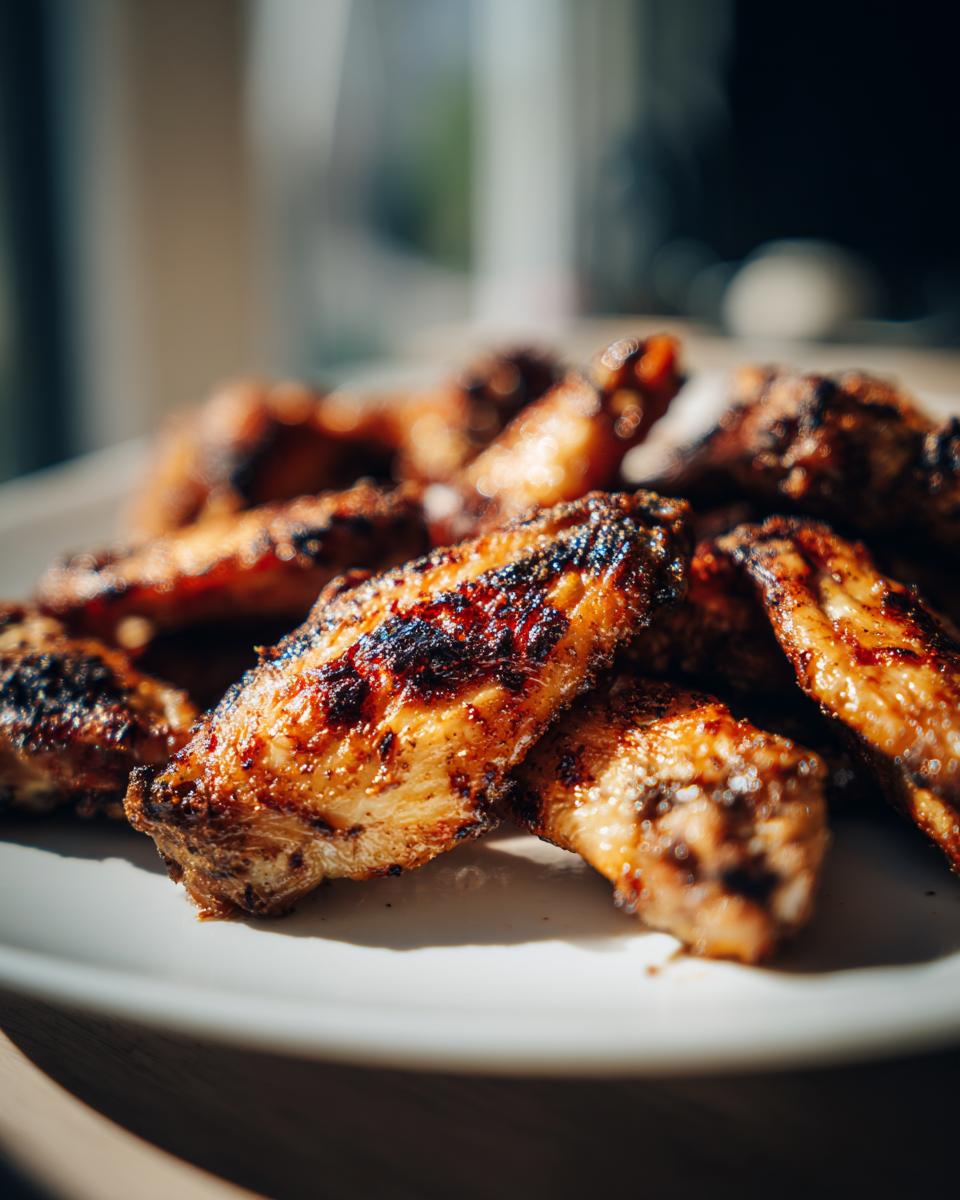 Close-up of a pile of perfectly cooked Air Fryer Chicken Wings on a white plate, showing their crispy texture.