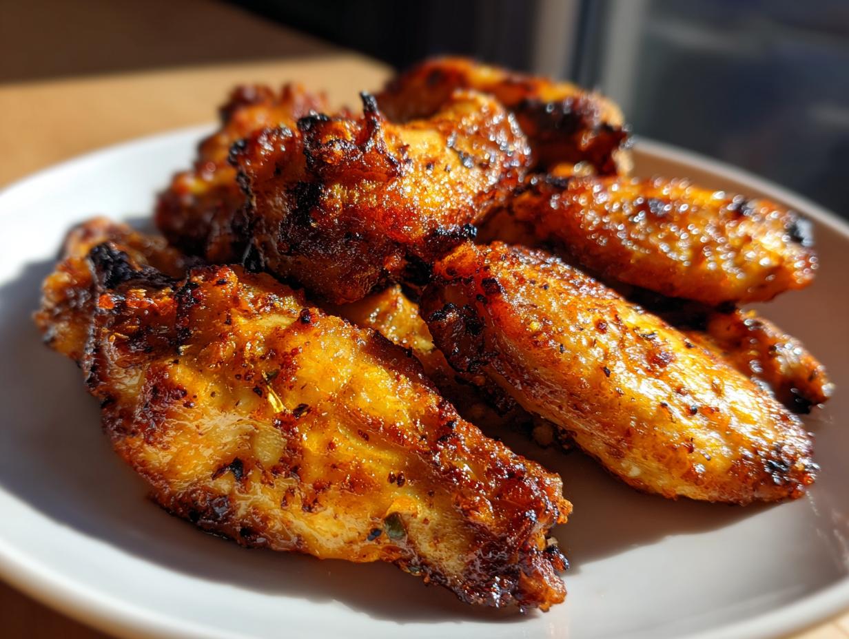 A close-up of golden brown, crispy air fryer chicken wings piled on a white plate.