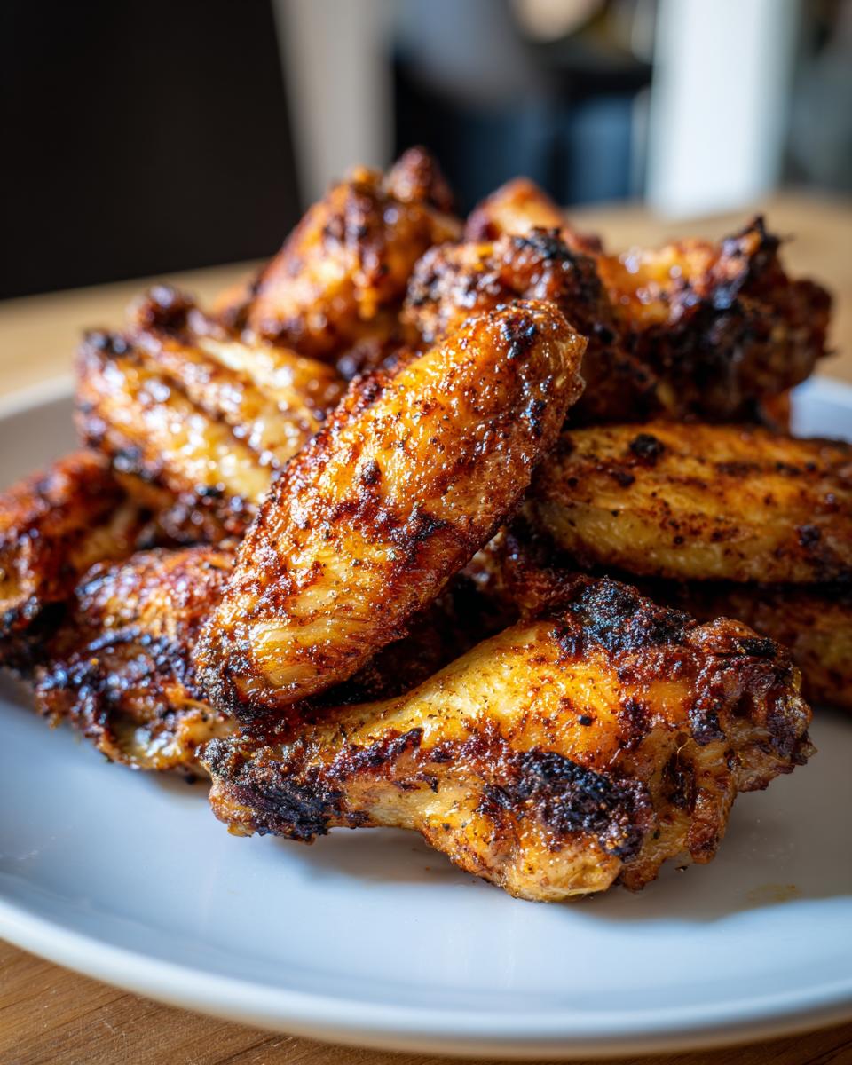 A pile of perfectly cooked, crispy Air Fryer Chicken Wings seasoned with spices, served on a white plate.