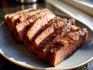 Close-up of perfectly cooked Alton Brown London broil, sliced and fanned out on a plate, showcasing its pink, juicy interior and seared crust.