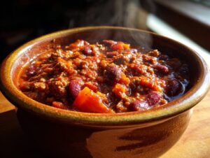 A close-up shot of a steaming bowl of hearty chili, featuring ground meat, kidney beans, and chunks of tomato.