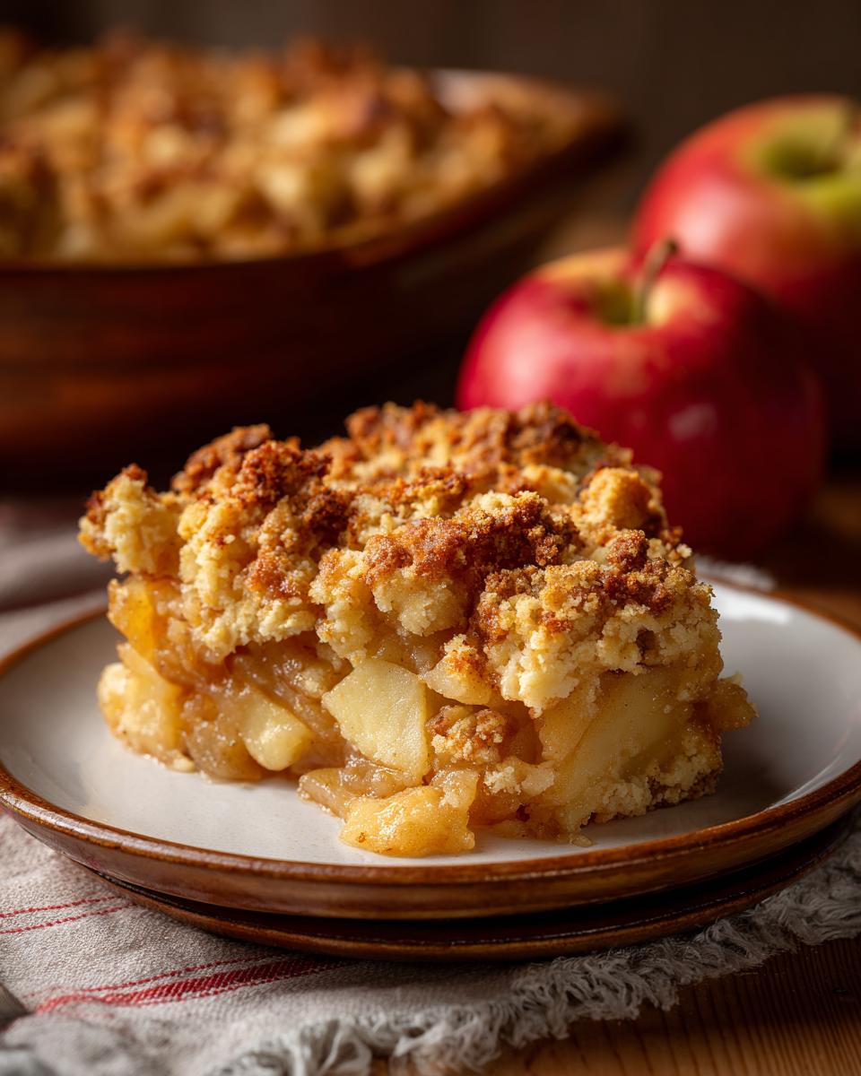 A close-up of a generous slice of amazing apple crumble on a plate, showcasing tender baked apples and a golden crumb topping.