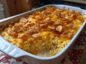 A close-up of a freshly baked Tuna Casserole in a white baking dish, topped with melted cheese and crunchy potato chips.