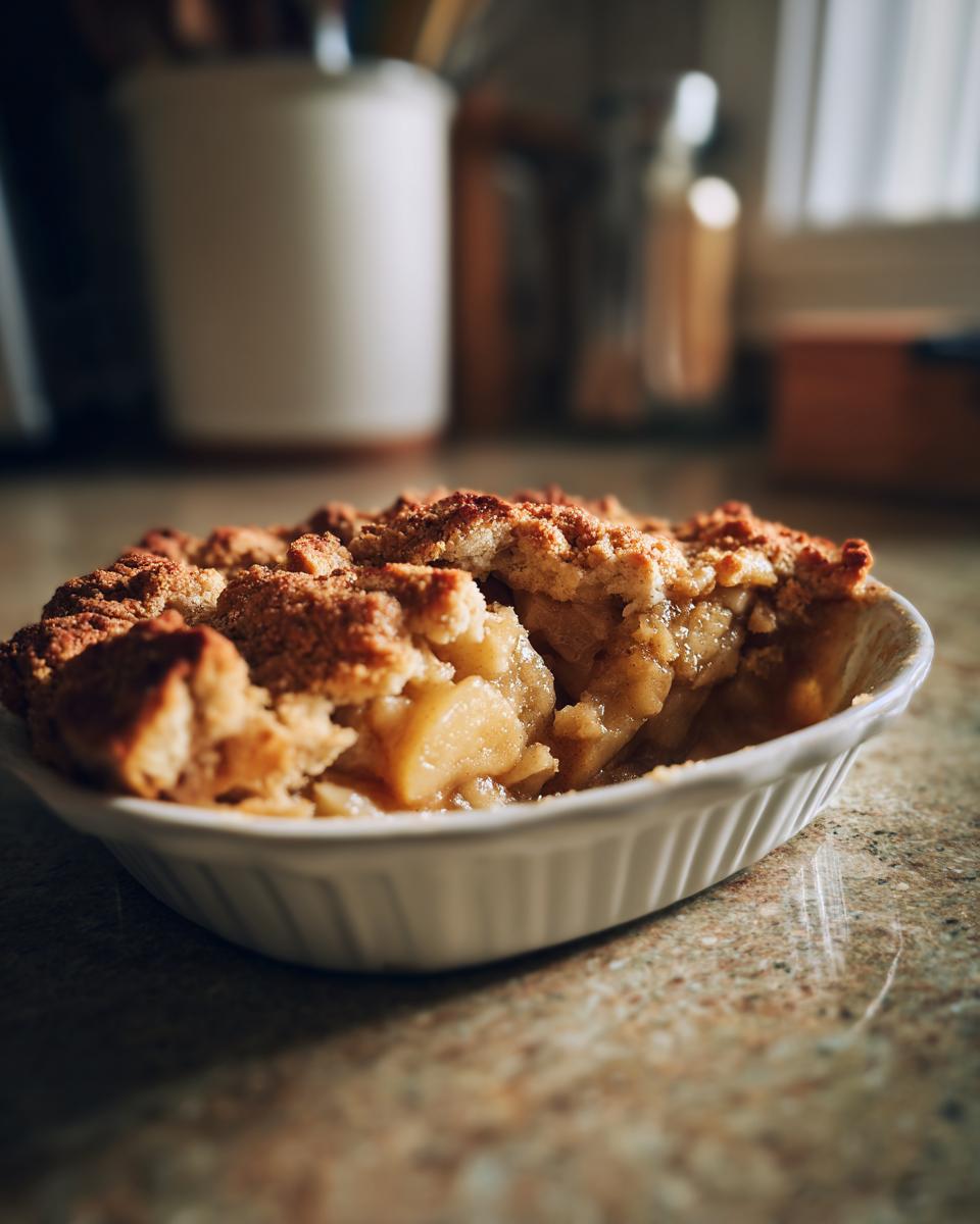 A close-up of a serving of warm apple crumble in a white ramekin, showing tender baked apples and a golden crumb topping.