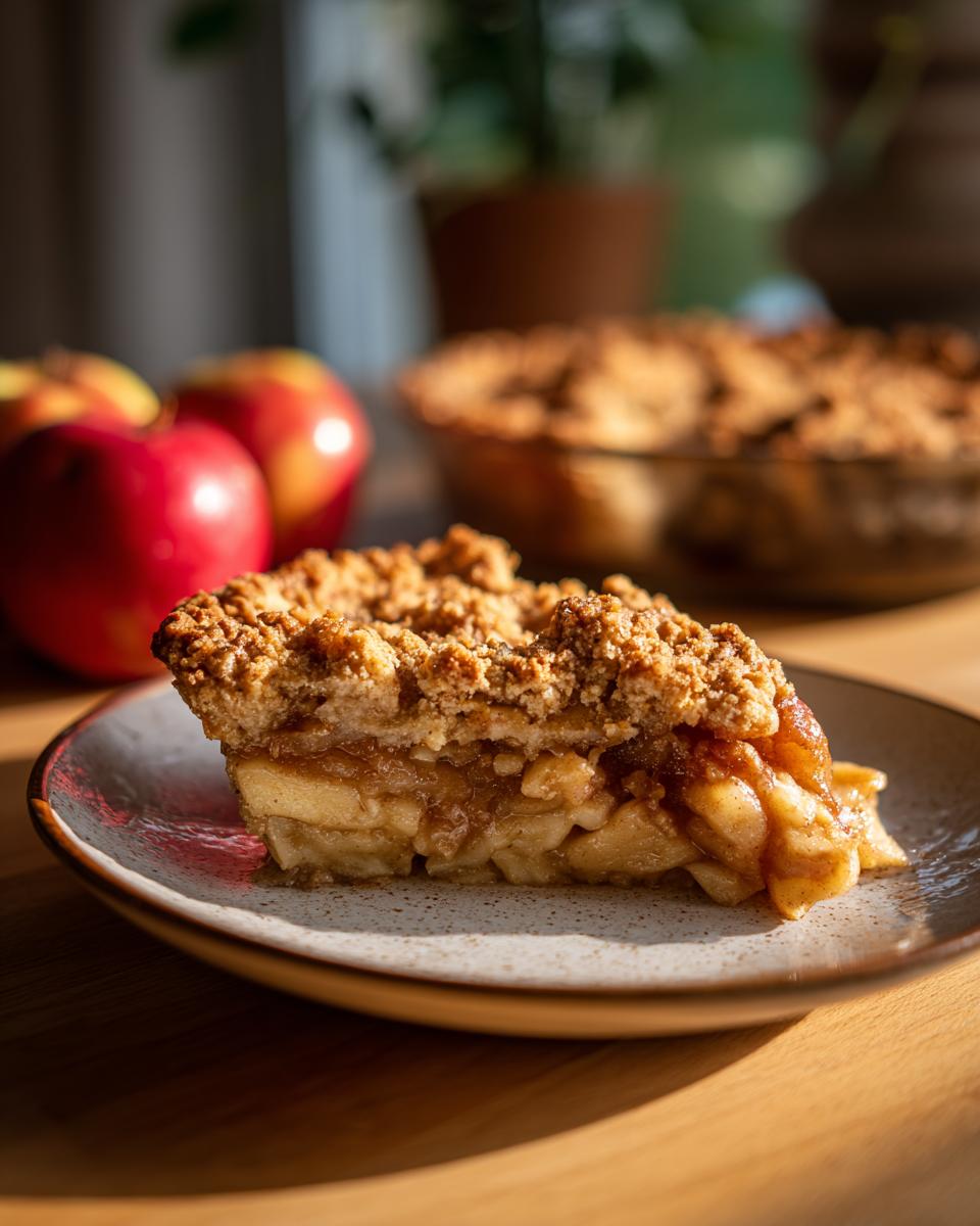 A close-up of a slice of apple crumble on a plate, showing tender apples and a golden crumb topping.