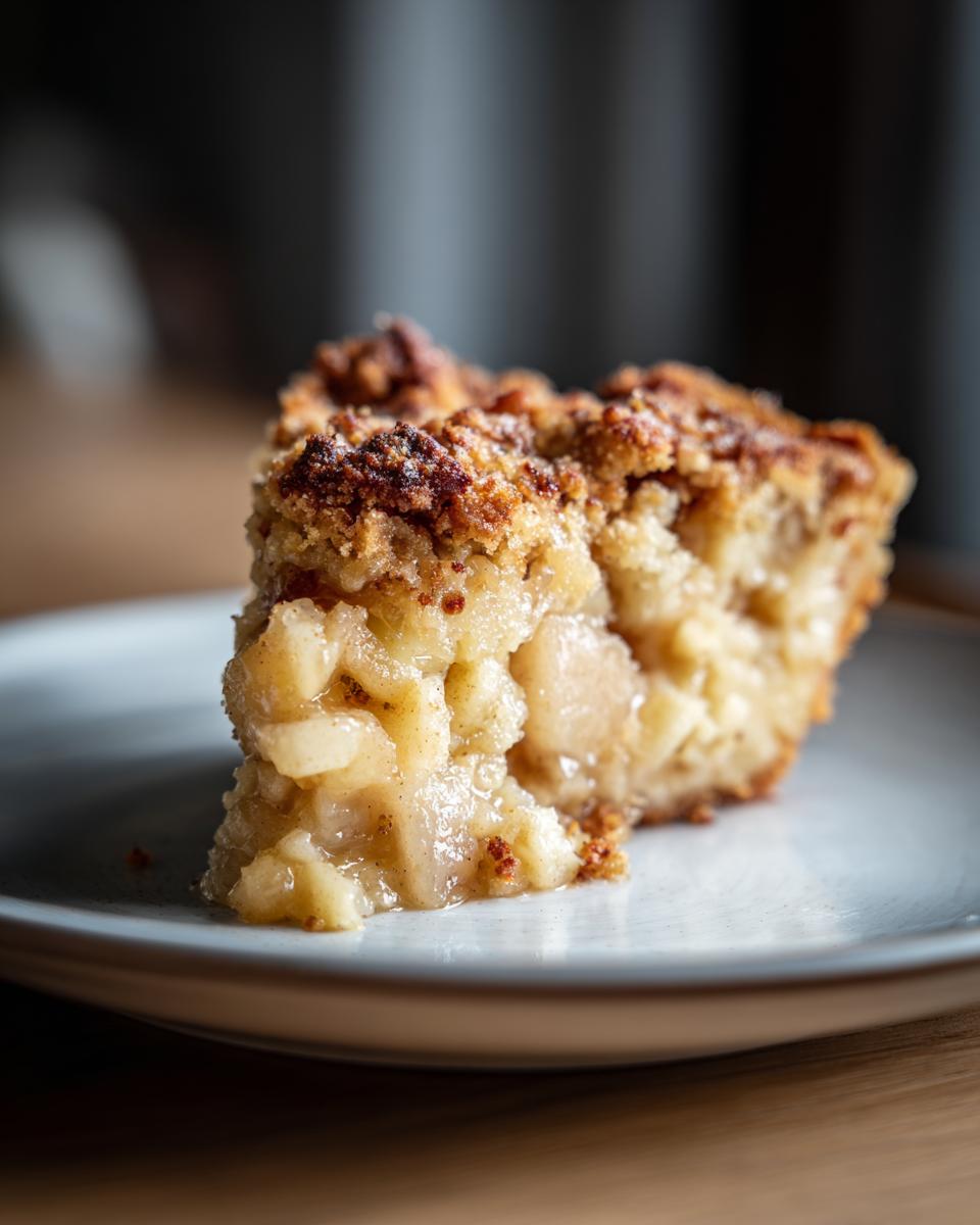 A close-up of a slice of homemade apple crumble, showing tender baked apples and a golden brown crumble topping.
