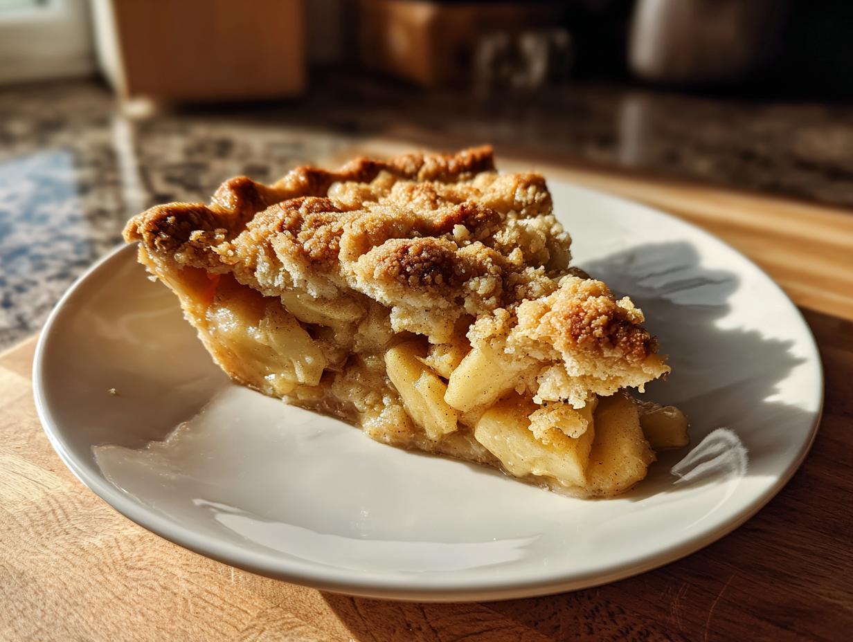 A close-up of a slice of warm apple crumble on a white plate, showing tender apple filling and a golden crumble topping.