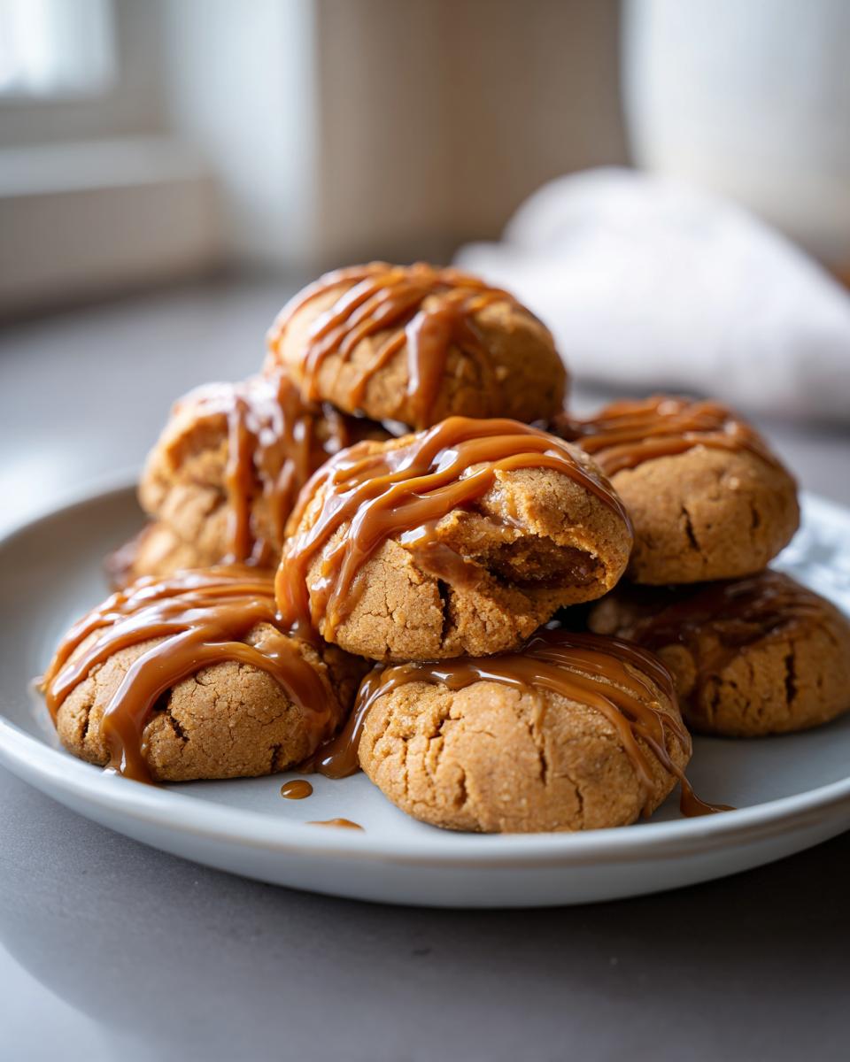 A stack of freshly baked apple pie cookies drizzled with caramel sauce on a plate.