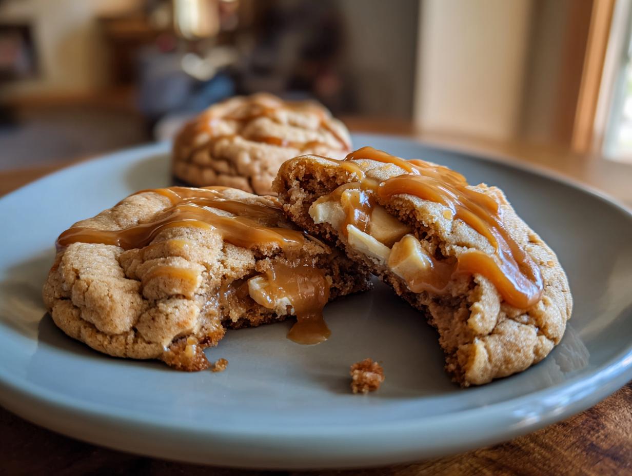 Close-up of two apple pie cookies on a plate, one broken in half, revealing chunks of apple and a gooey caramel filling, drizzled with more caramel.