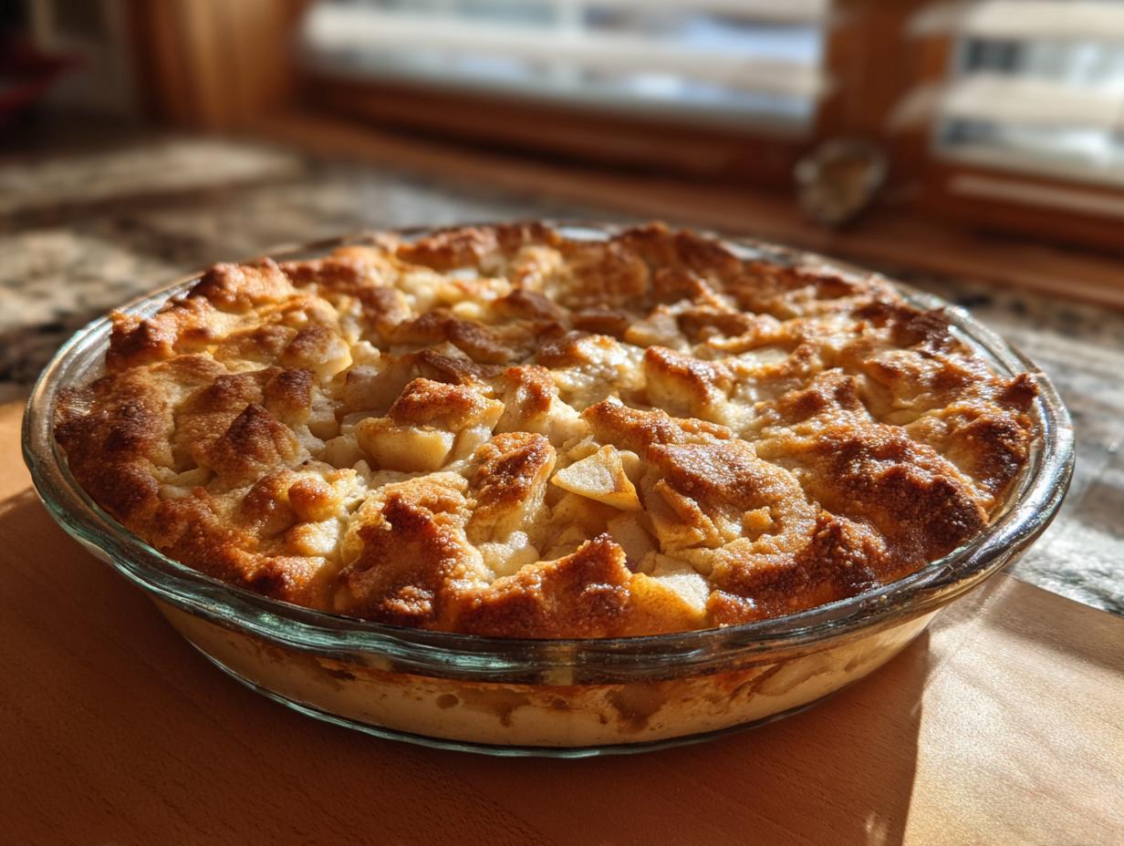 A freshly baked apple pie dump cake with a golden brown, crumbly topping in a clear glass pie dish.