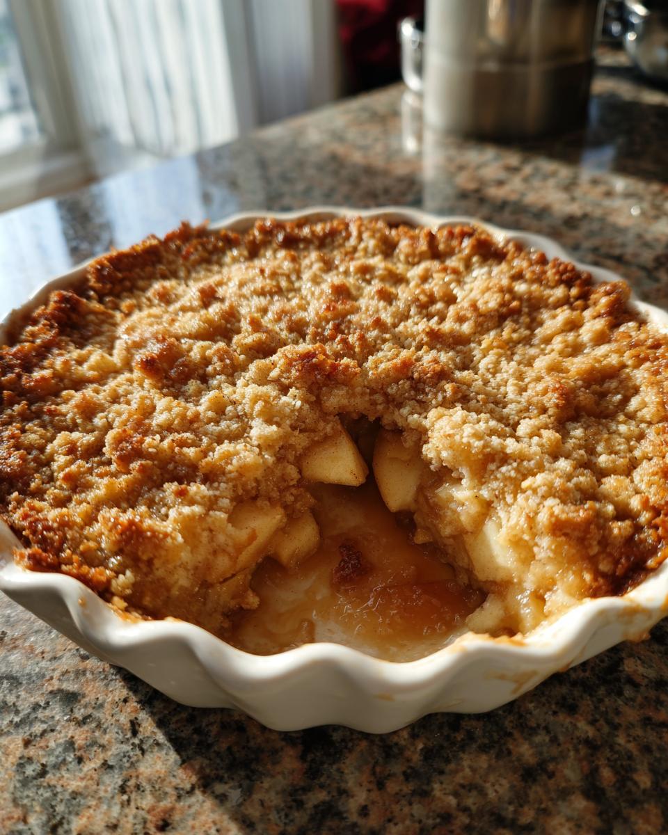 A close-up of a freshly baked Apple Snickerdoodle Dump Cake in a white pie dish, with a scoop removed showing tender apples and a crumbly topping.