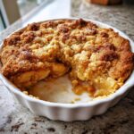 A close-up of a freshly baked Apple Snickerdoodle Dump Cake in a white baking dish, with a scoop removed.