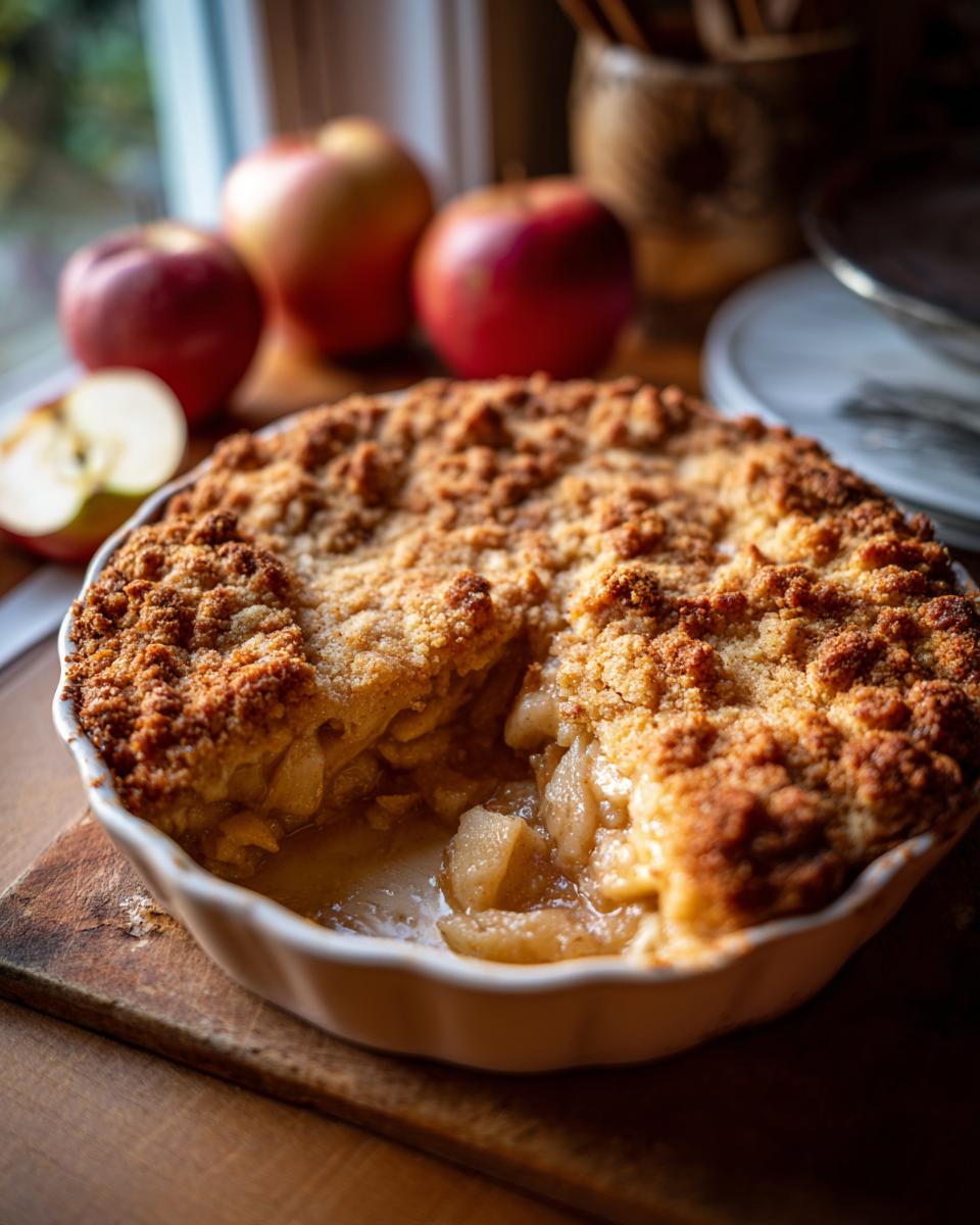 A close-up of a freshly baked Apple Snickerdoodle Dump Cake in a white dish, showing the golden crumble topping and tender apple filling.