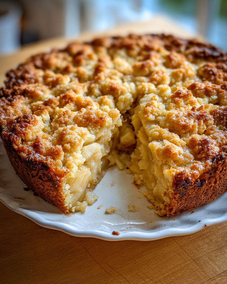 A close-up of a slice removed from an Apple Snickerdoodle Dump Cake, revealing tender apple filling and a golden crumble topping.