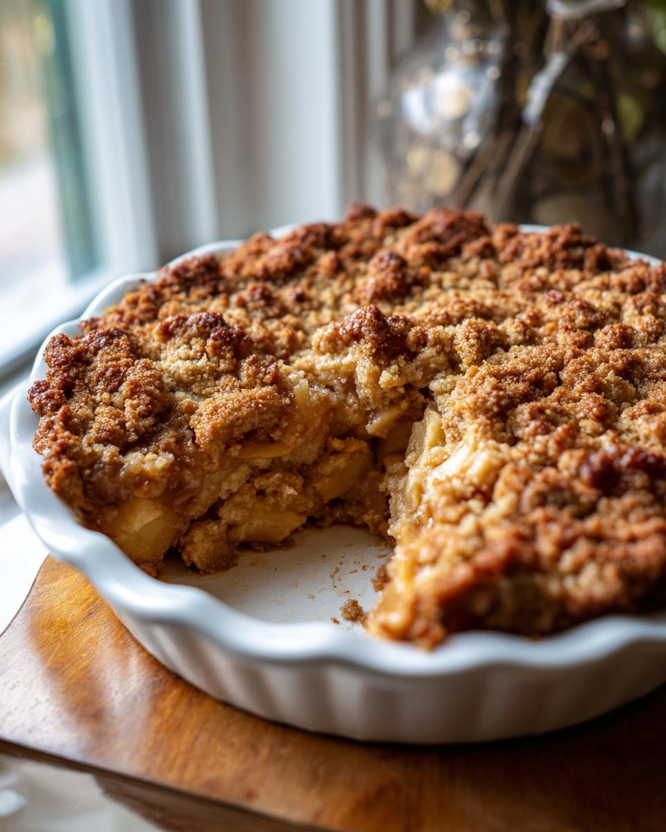 A close-up of an Apple Snickerdoodle Dump Cake in a white pie dish, with a slice removed.