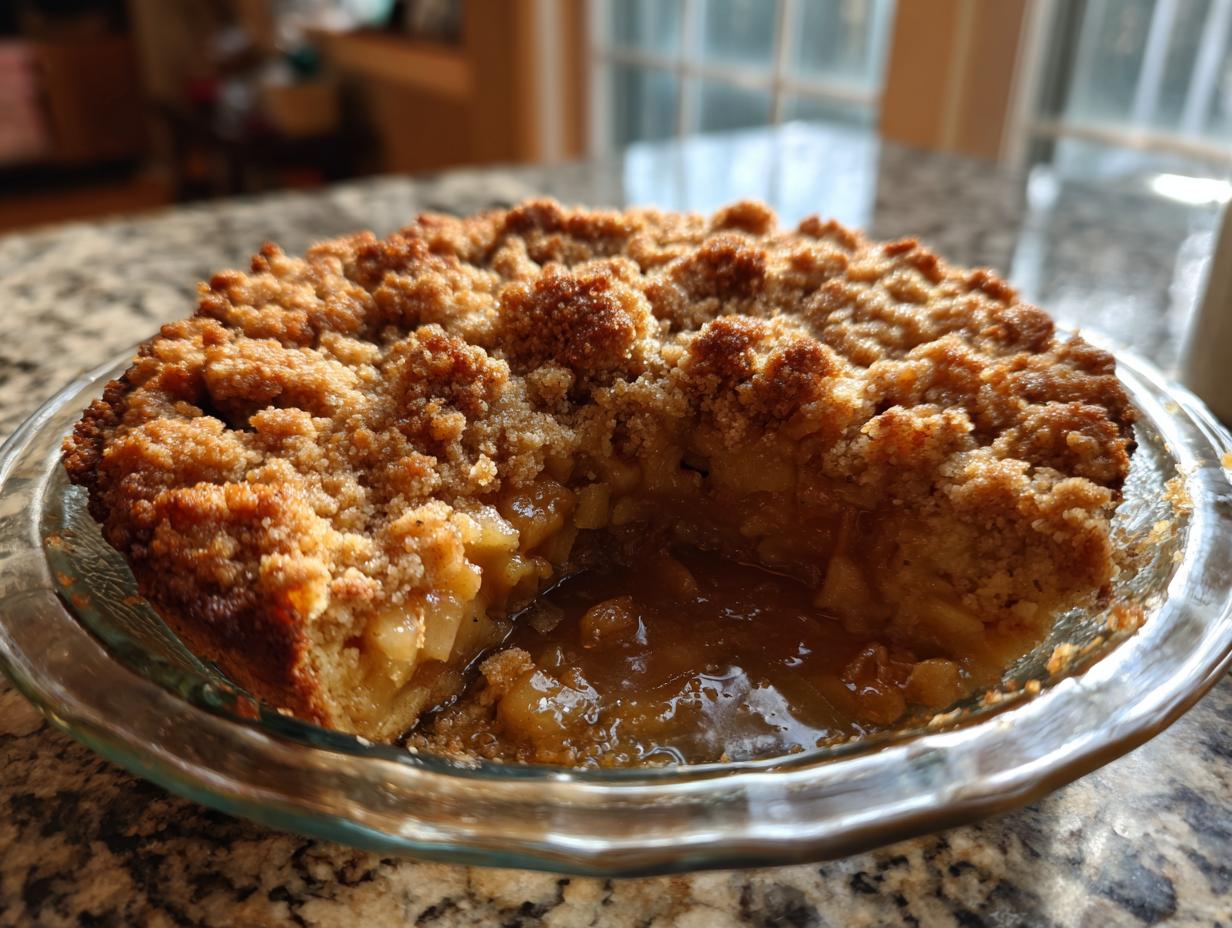 A slice of warm Apple Snickerdoodle Dump Cake in a glass pie dish, showing gooey apple filling and a crumbly topping.