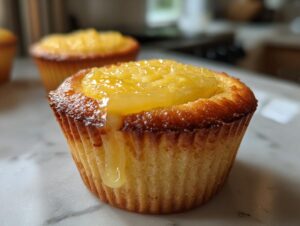Close-up of a golden-brown baby lemon impossible pie with a glistening lemon topping and a drip of filling.