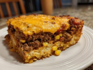 A hearty slice of beef taco casserole with melted cheese, seasoned ground beef, and corn, served on a white plate.