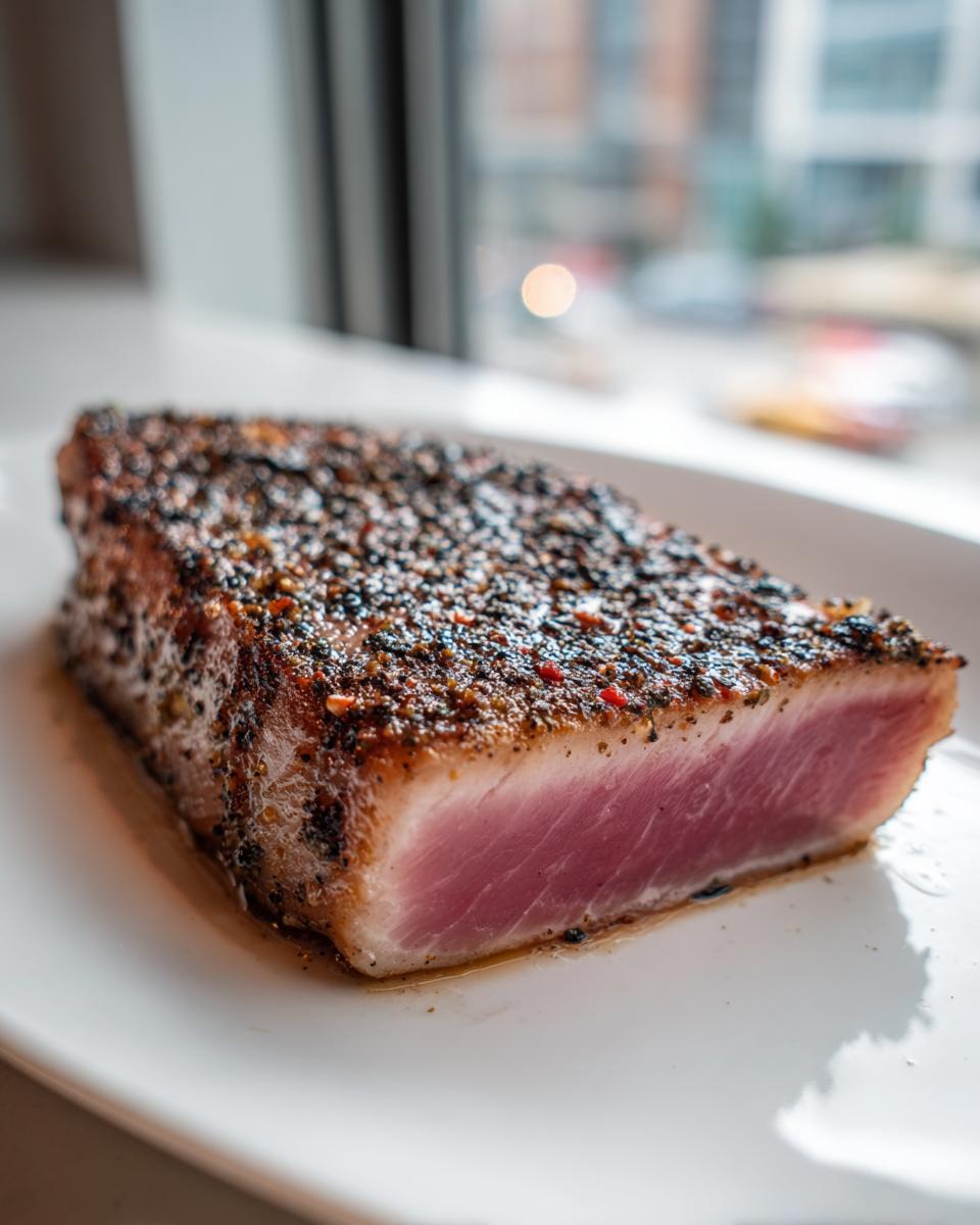 A beautifully seared Blackened Tuna Steak with a pink, flaky interior, presented on a white plate.