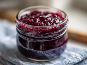 Close-up of a glass jar filled with glistening, homemade blueberry jam.