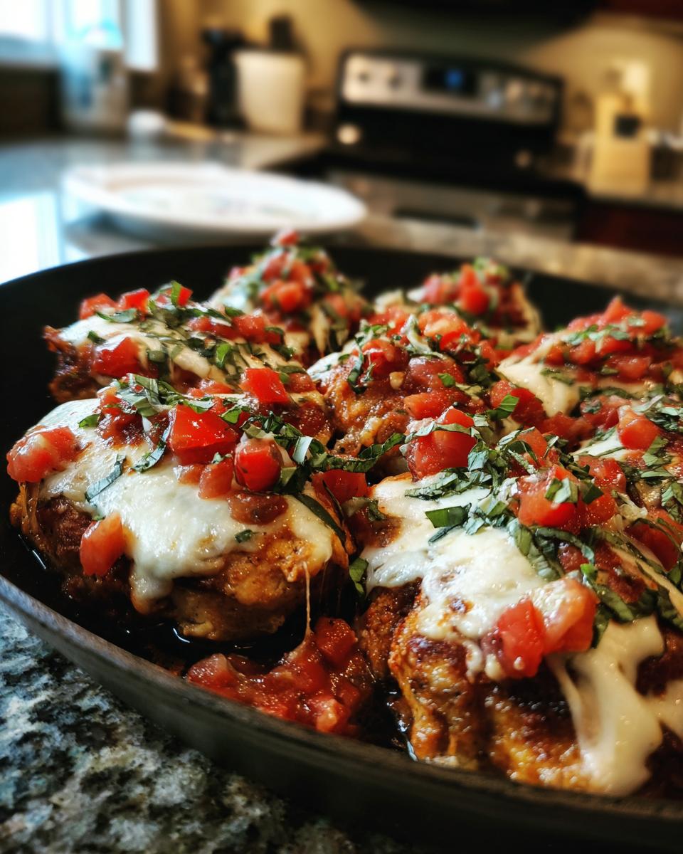Close-up of baked Bruschetta chicken topped with melted mozzarella, diced tomatoes, and fresh basil.