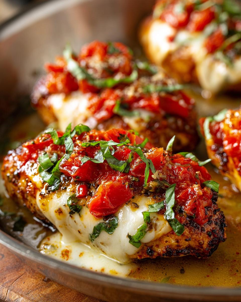 Close-up of a juicy Bruschetta chicken breast topped with melted mozzarella cheese, diced tomatoes, and fresh basil.