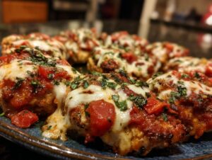 Close-up of baked Bruschetta chicken topped with melted mozzarella cheese, tomato sauce, and fresh parsley.