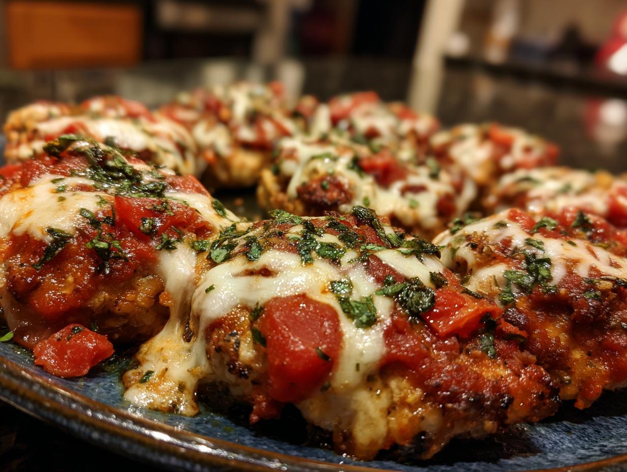 Close-up of baked Bruschetta chicken topped with melted mozzarella cheese, tomato sauce, and fresh parsley.