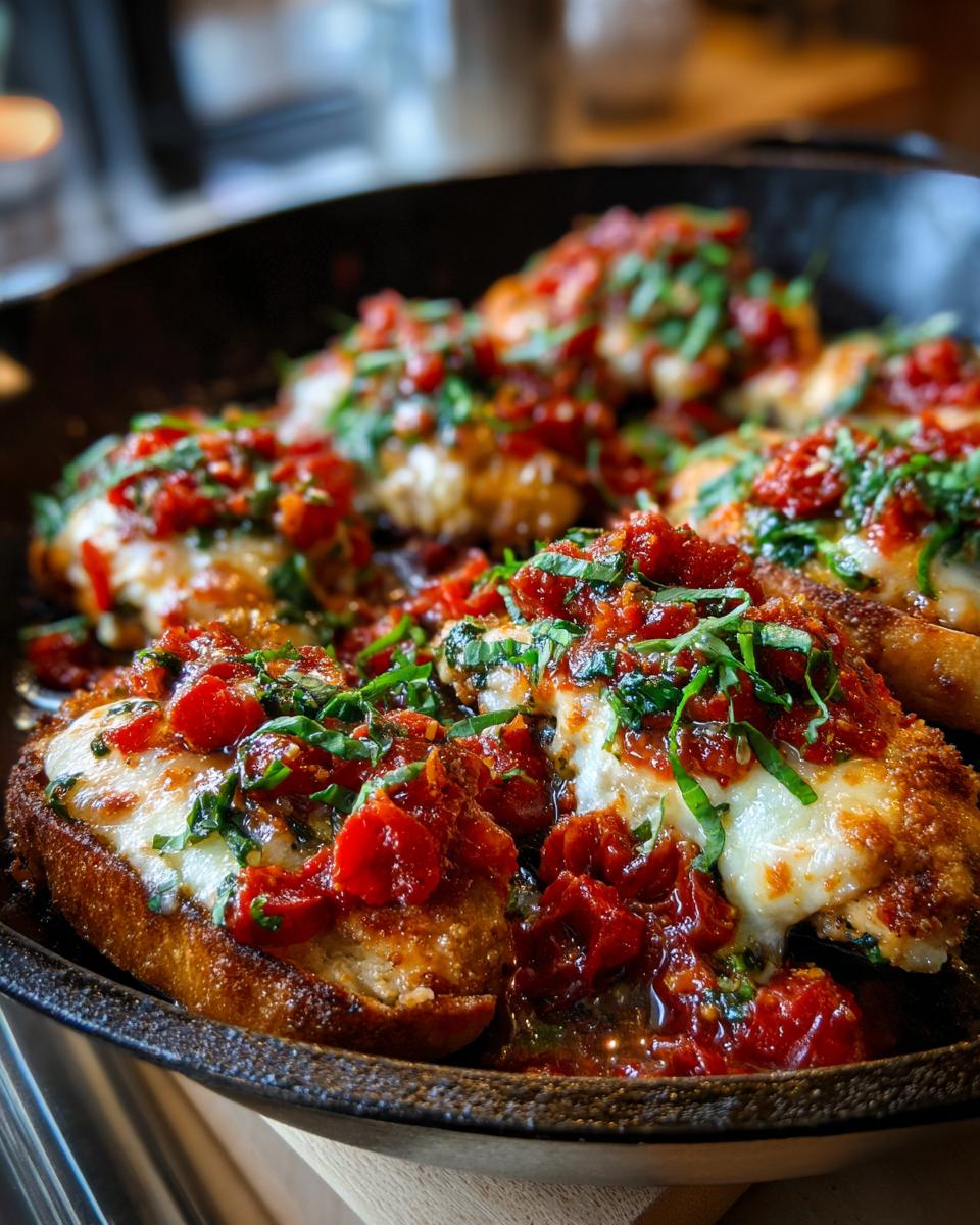 Close-up of crispy Bruschetta Chicken topped with melted mozzarella, tomato bruschetta, and fresh basil in a cast iron skillet.
