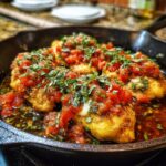 Close-up of pan-fried Bruschetta Chicken topped with diced tomatoes and fresh basil in a cast iron skillet.