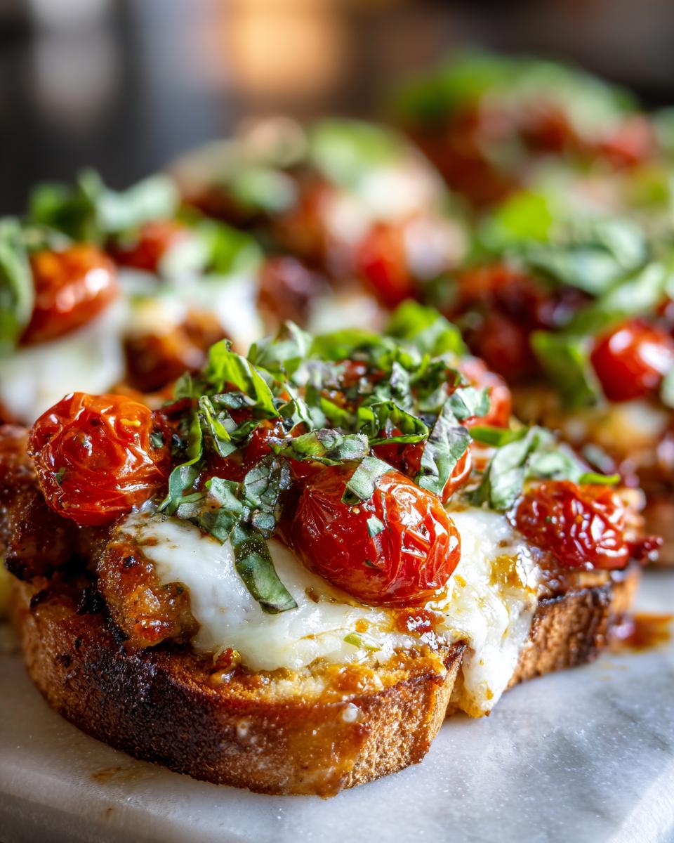 Close-up of Bruschetta chicken served on toasted bread, topped with melted mozzarella, cherry tomatoes, and fresh basil.