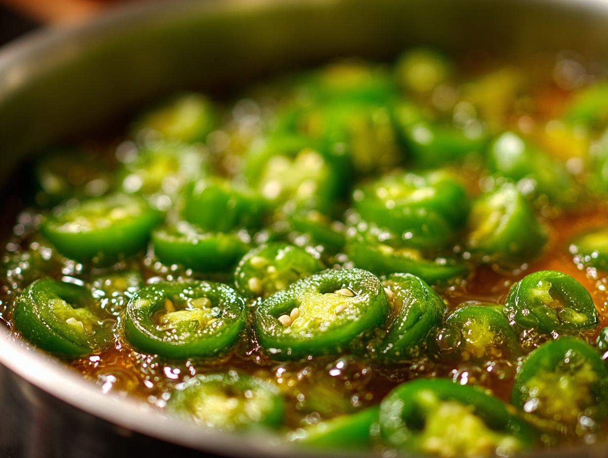 Close-up shot of sliced candied jalapenos simmering in a sweet, amber-colored syrup.