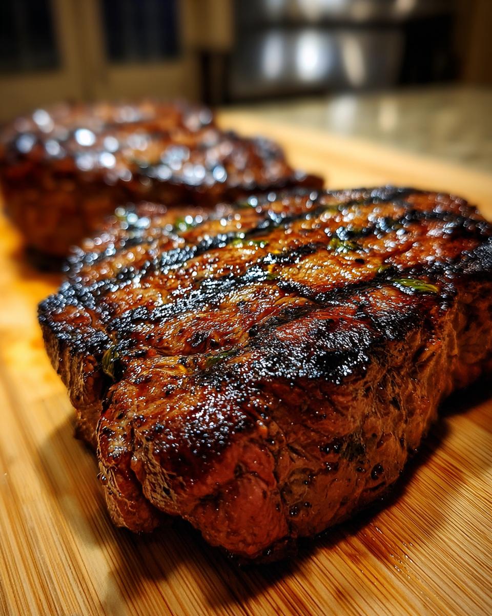 Close-up of two perfectly grilled steaks with char marks, glistening from the amazing carne asada marinade.