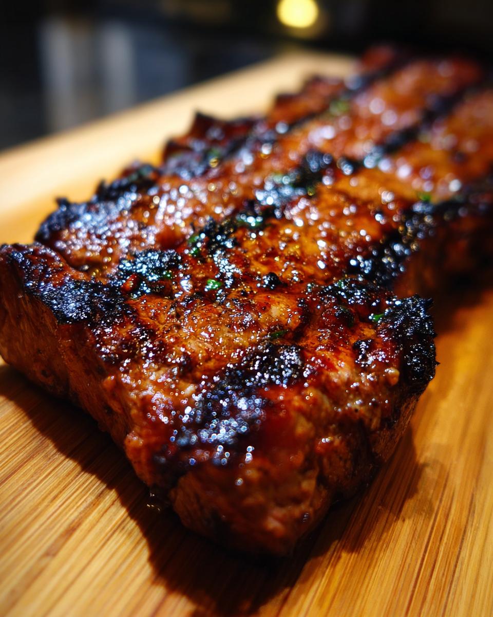 Close-up of grilled steak with a glossy, caramelized crust, showcasing the results of the carne asada marinade.