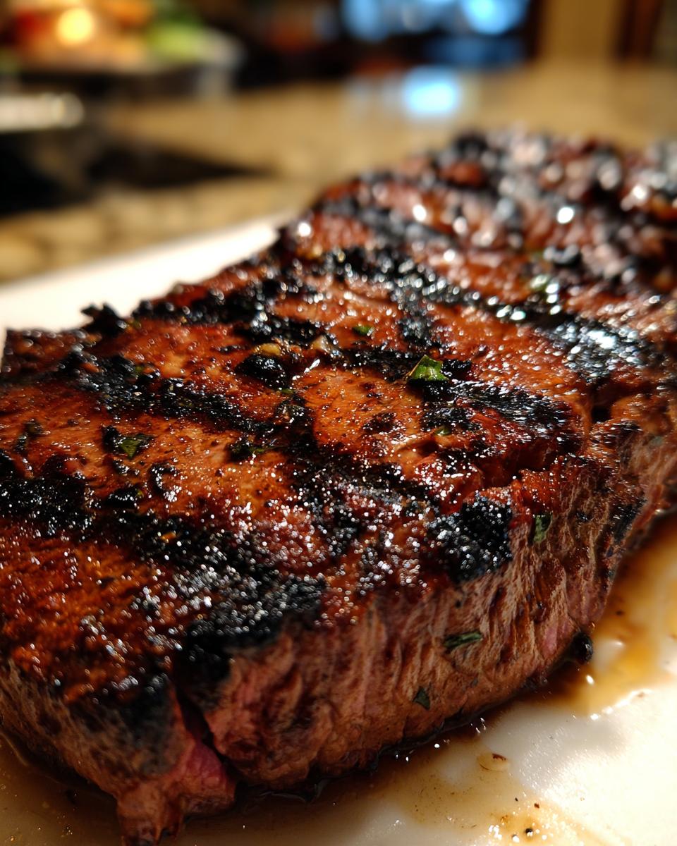Close-up of a perfectly grilled steak, showcasing the char marks and glistening juices from the carne asada marinade.