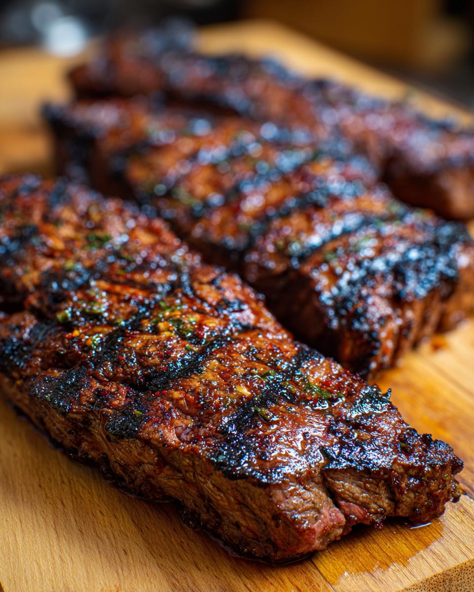 Close-up of juicy, grilled carne asada steaks with char marks and herbs, resting on a wooden board.