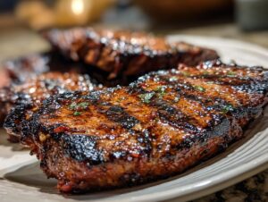Close-up of grilled steak with a dark, glossy carne asada marinade and visible herbs.