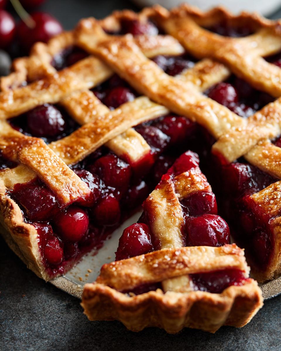 A close-up of a perfect cherry pie slice, showcasing the juicy cherries and golden lattice crust.