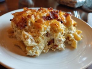 A serving of creamy chicken bacon ranch casserole with golden cheese and crispy bacon on top.
