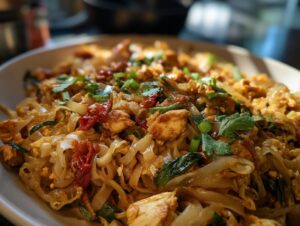 A close-up of a bowl of Chicken Pad Thai, featuring wide rice noodles, tender chicken pieces, and fresh cilantro.
