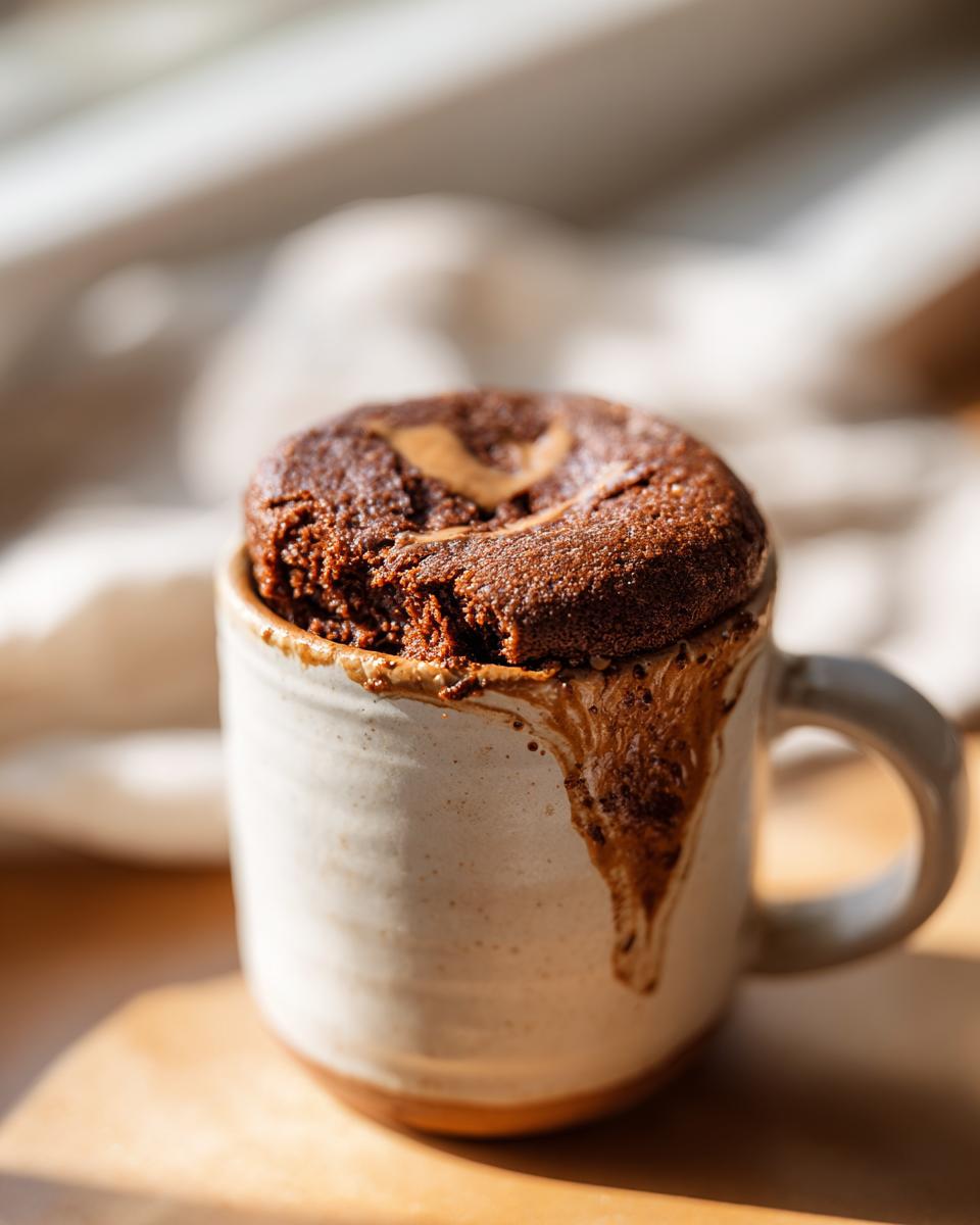 Close-up of a rich chocolate protein mug cake with melted chocolate dripping down the side.