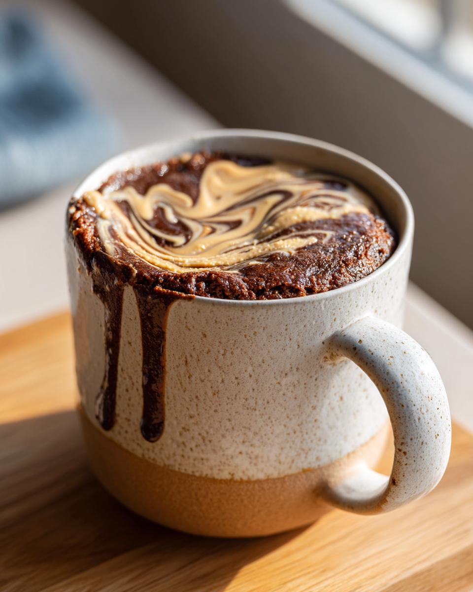 A rich chocolate protein mug cake swirled with peanut butter, served in a speckled mug with chocolate dripping down the side.