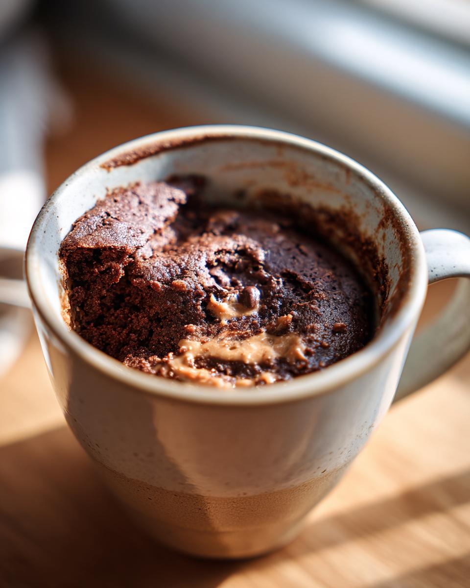 A close-up of a chocolate protein mug cake with a dollop of peanut butter in a rustic mug.