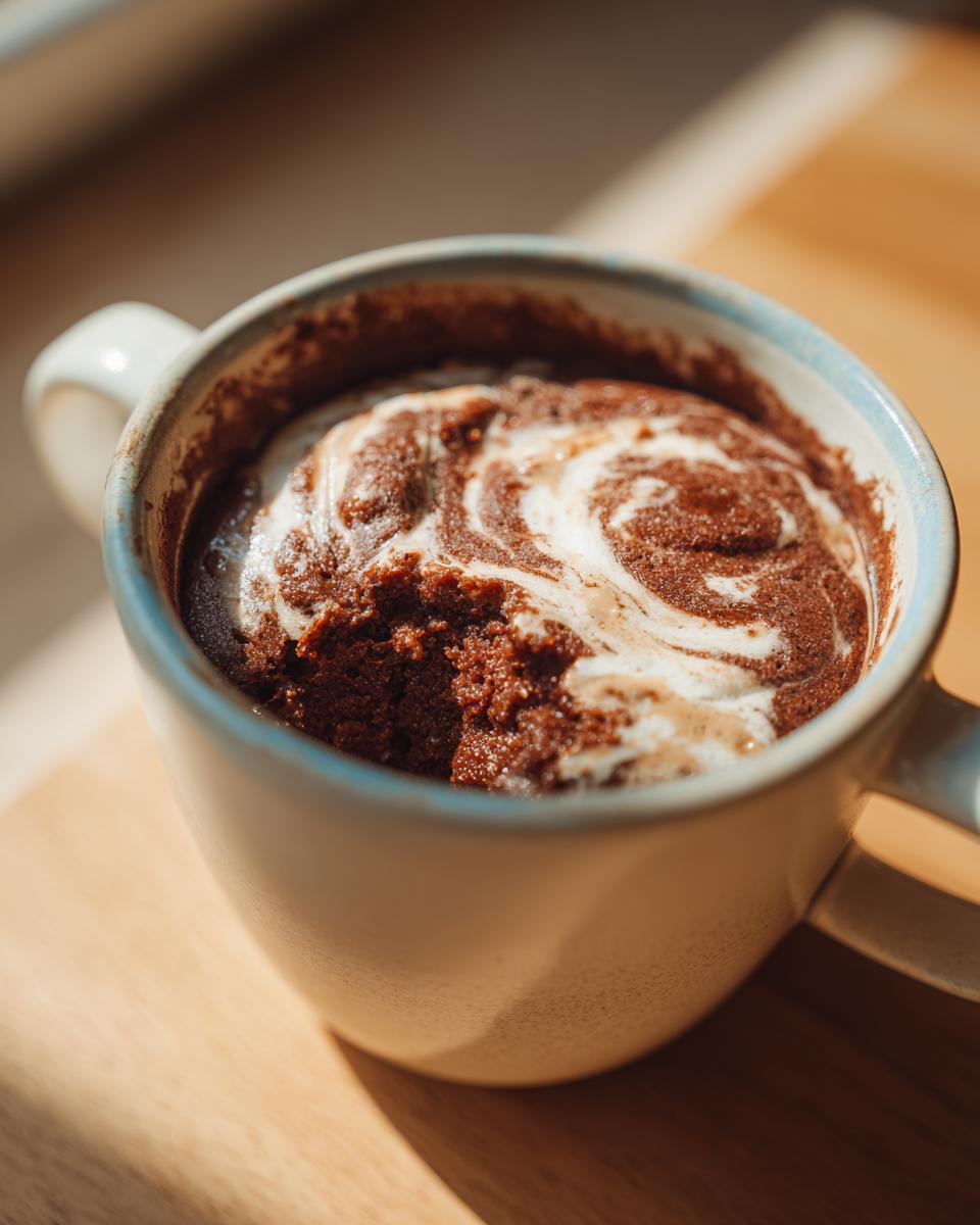 Close-up of a rich chocolate protein mug cake with a swirl of cream on top, ready to eat.