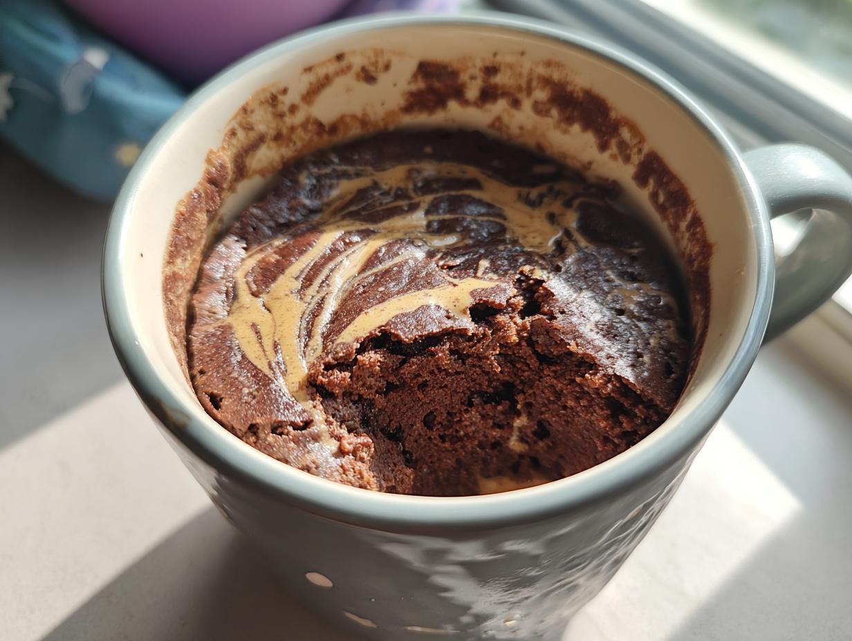 Close-up of a rich chocolate protein mug cake with peanut butter swirls, baked in a grey mug.